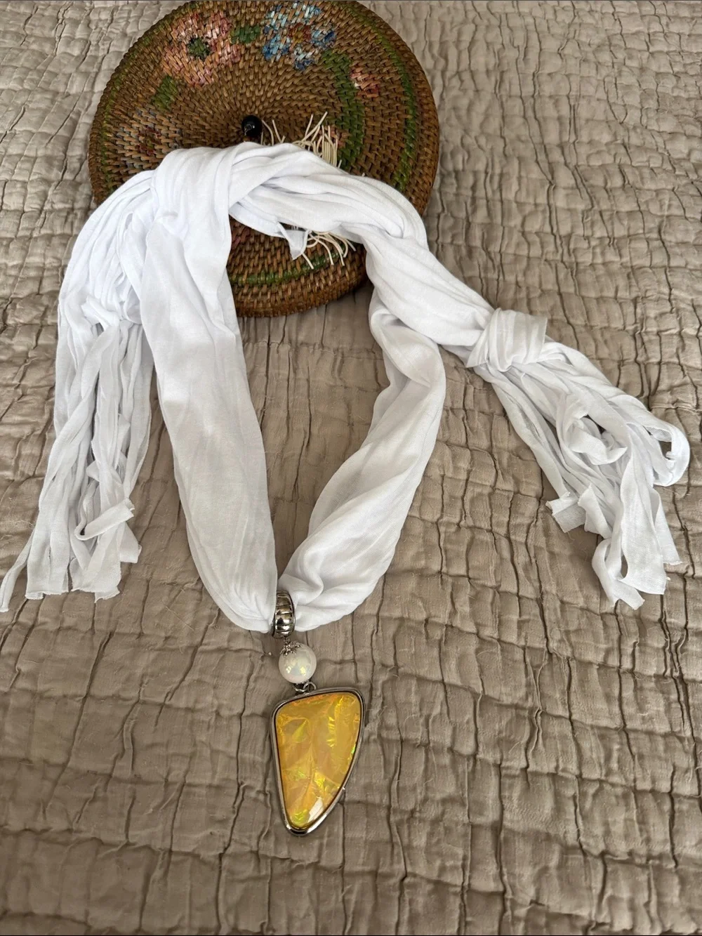 White Scarf Necklace with Iridescent Yellow Pendant